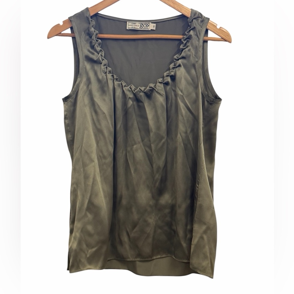 GO BY GO SILK Olive Satin Ruffle-Trim Sleeveless Camisole